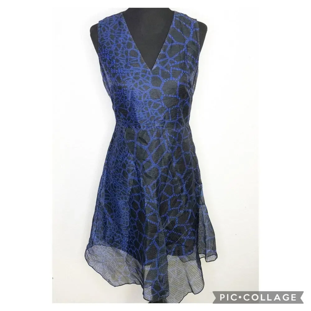Elie Tahari Eloise blue black sheer overlay sleeveless dress size 4 NWT flawed